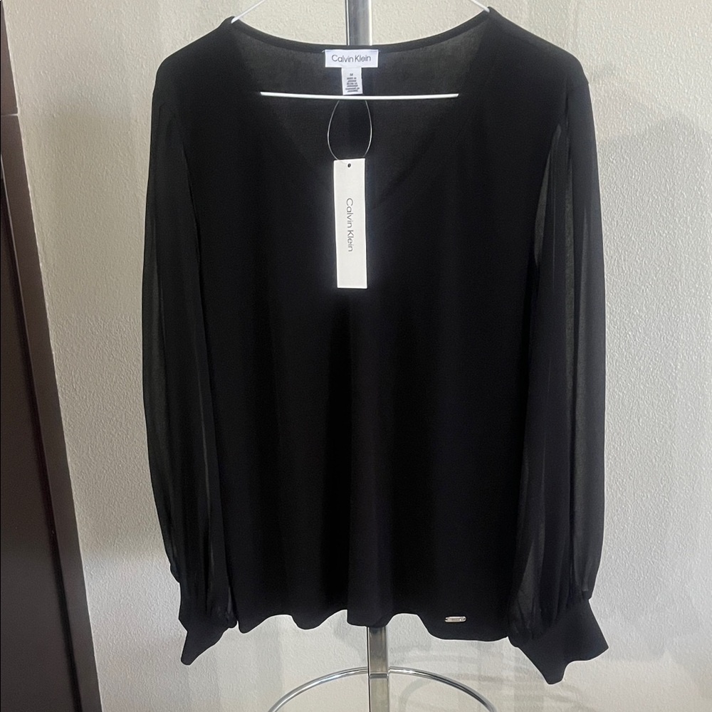 Calvin Klein Sheer Sleeve Black Blouse